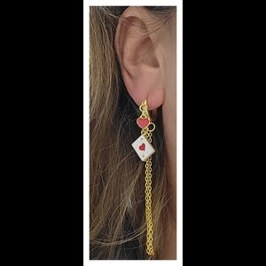 18k Gold Ace Hearts Playing Card Chain Drop Earrings